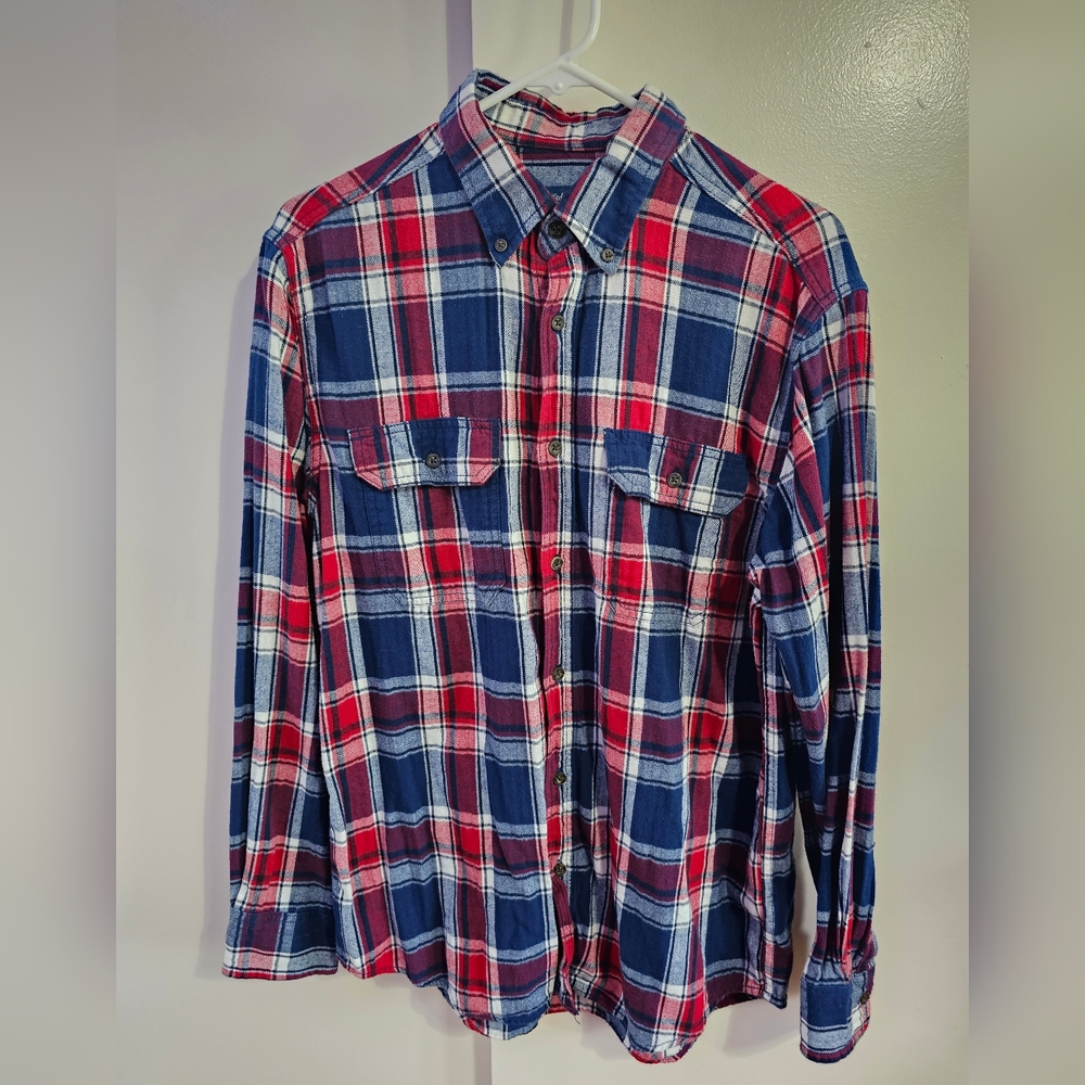 Faded Glory Men's M Plaid Flannel Shirt Cotton Plaid Long Sleeves Red White Blue